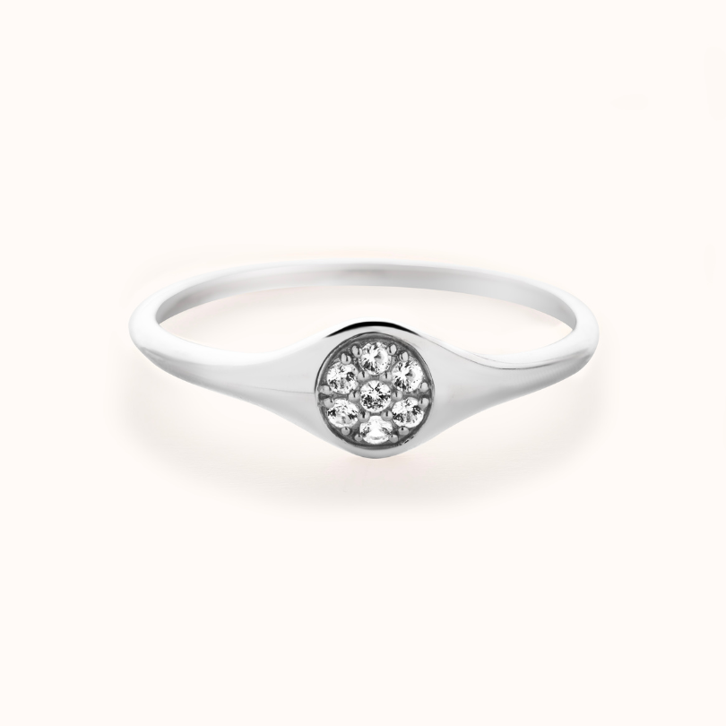 Round Pavé Signet Ring | White Gold - Zayla