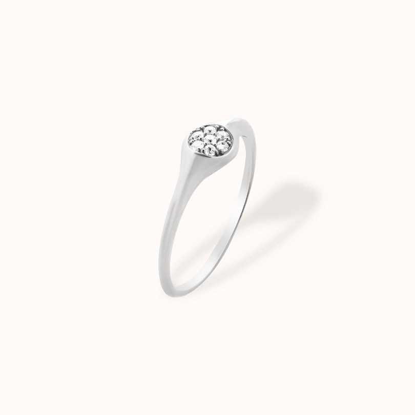 Round Pavé Signet Ring | White Gold - Zayla