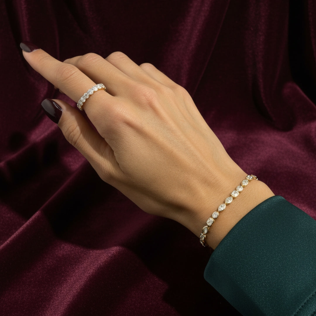 mixed diamond tennis bracelet with bezel on wrist