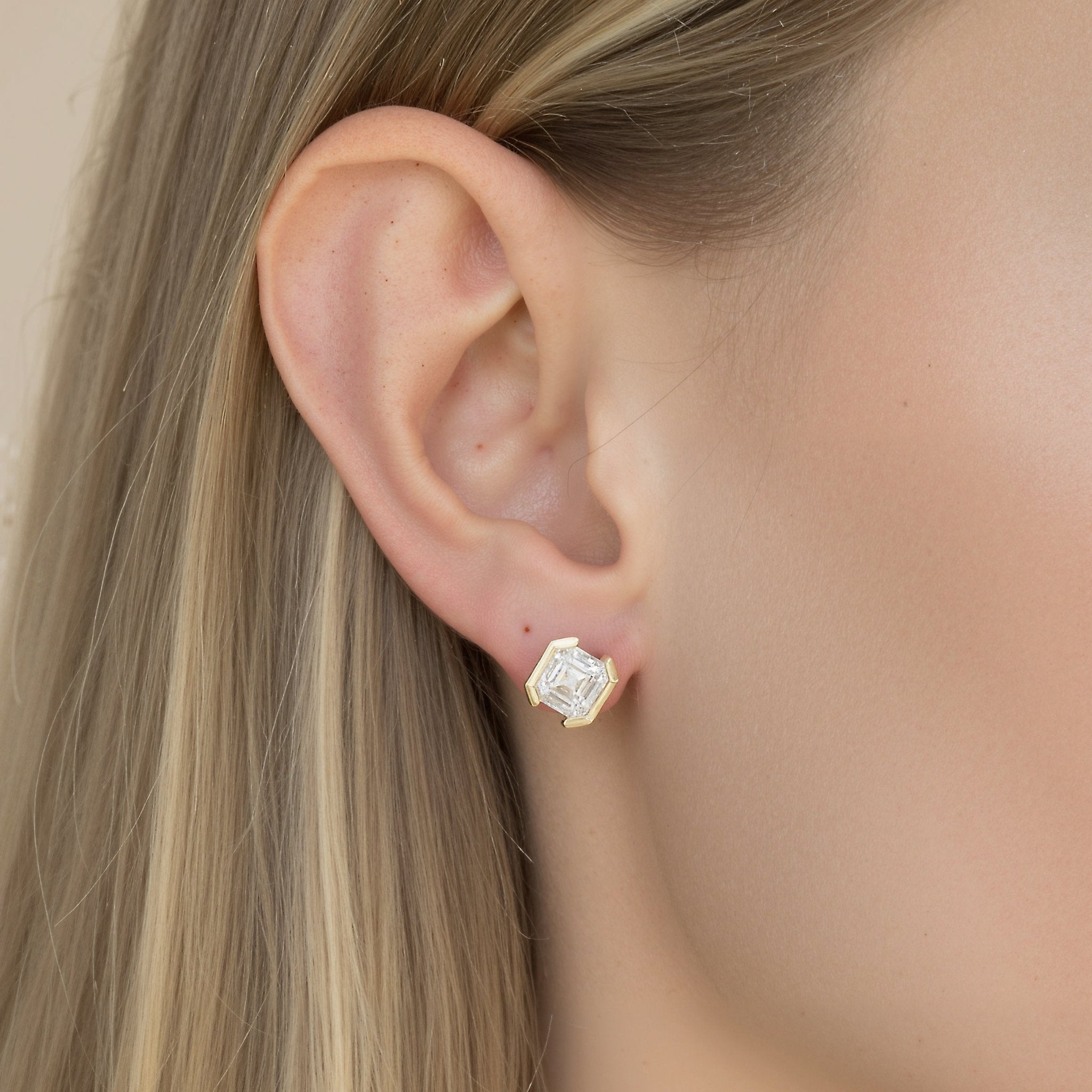 Vault Studs | Asscher Half Bezel Earrings - Zayla - Earrings